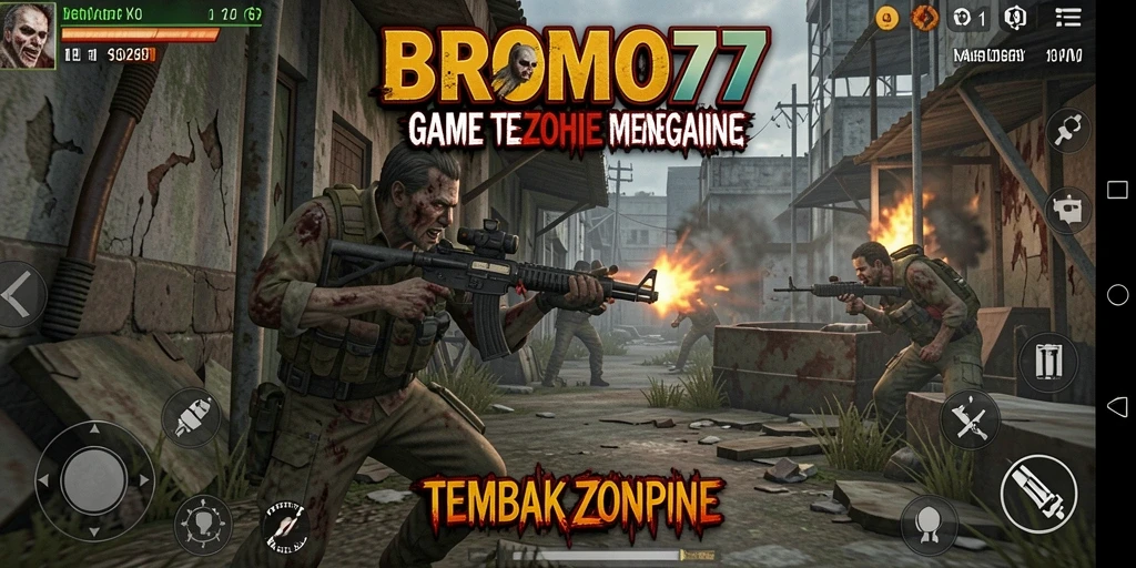 Antarmuka permainan BROMO77 yang menampilkan aksi tembak zombie.