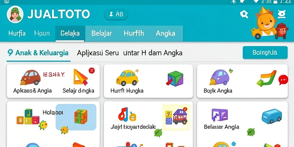 Tampilan aplikasi JUALTOTO dengan fitur belajar huruf dan angka yang interaktif.